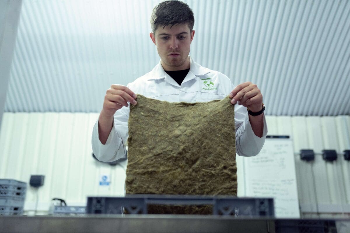 an environmental scientist holding a square of grass