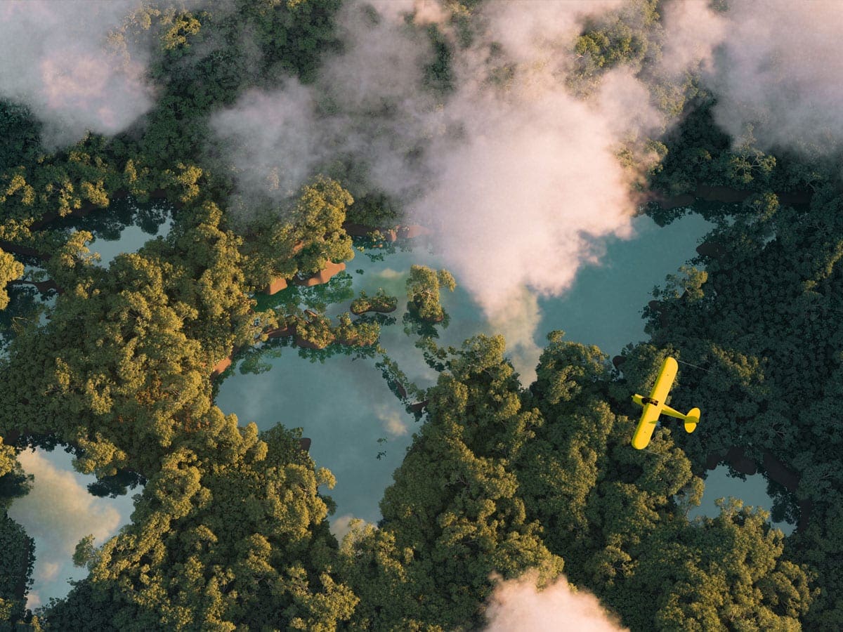 aerial view of lakes and trees, with yellow biplane flying across