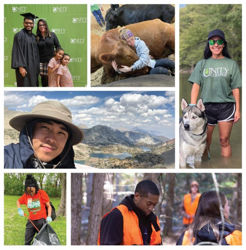 A collage of pictures of students outside in nature.