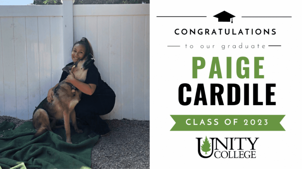 A young person smiles with their dog with the text "Congratulations to our graduate Paige Cardile class of 2023."