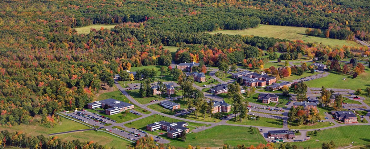 An aerial view of Unity Environmental University's campus at Pineland.