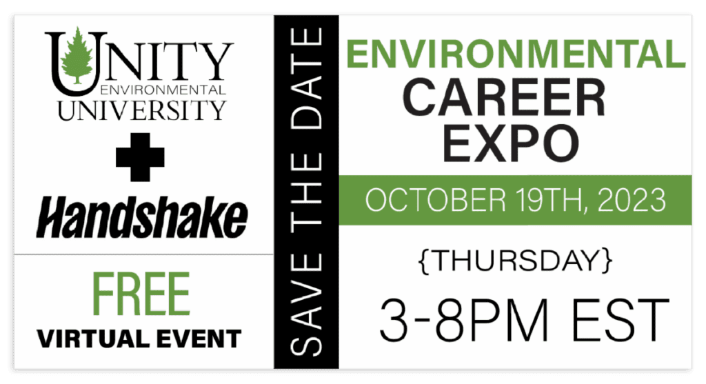 A postcard flyer with the logos for Unity Environmental University and Handshake advertising an upcoming career expo.