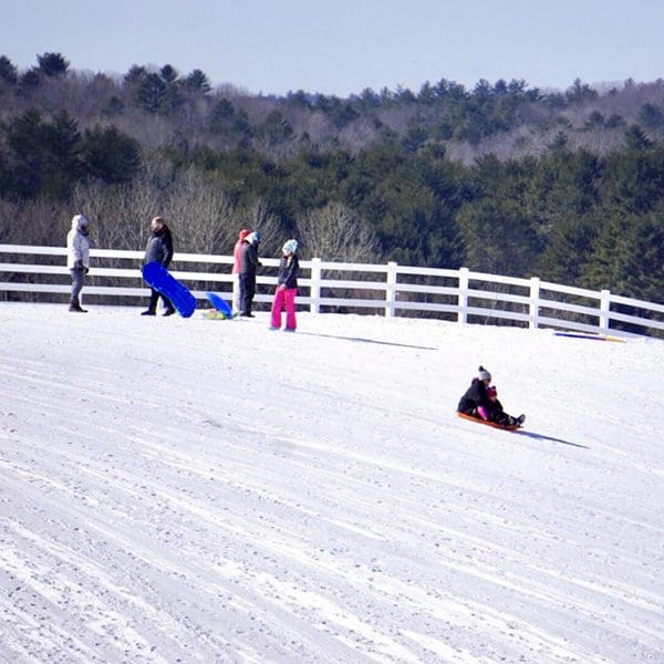 A group of kids and parents stand and ride sleds down a snowy slope.