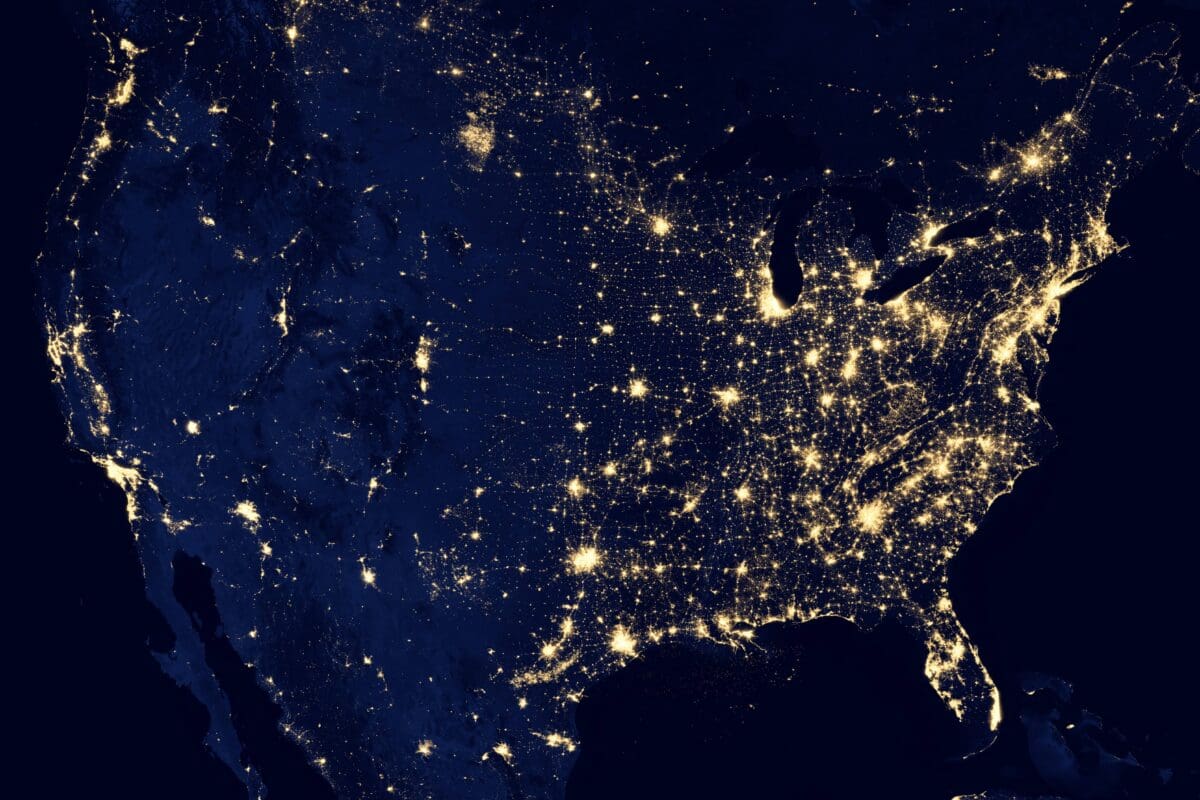 a satellite image of the united states at night