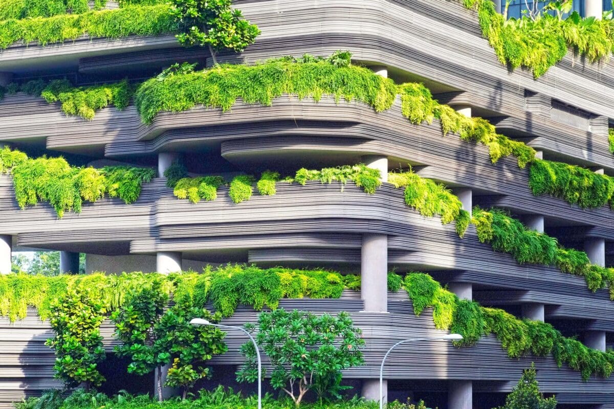 a building with greenery