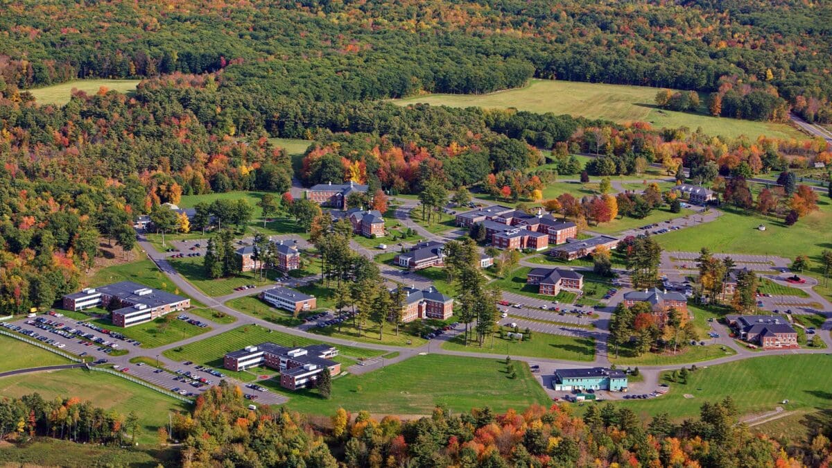 An aerial image of the Pineland Farms campus that houses Unity Environmental University.
