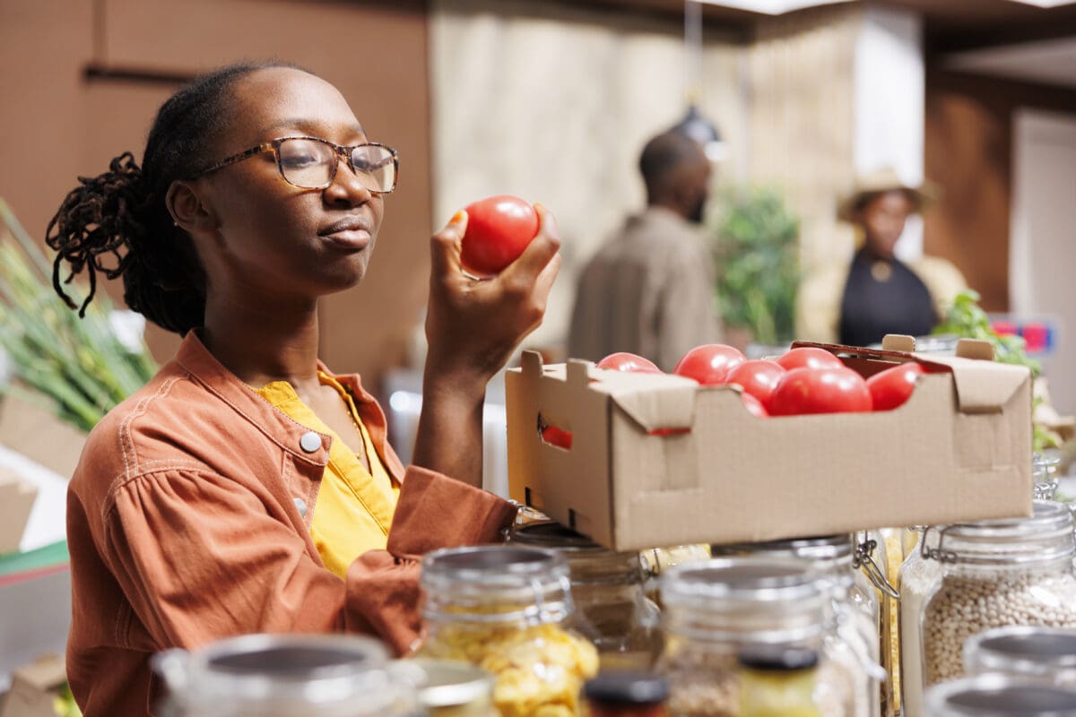Detailed view of a young black woman holding and admiring a ripened red tomato in an eco friendly supermarket. Image showing an African American lady examining freshly harvested produce.