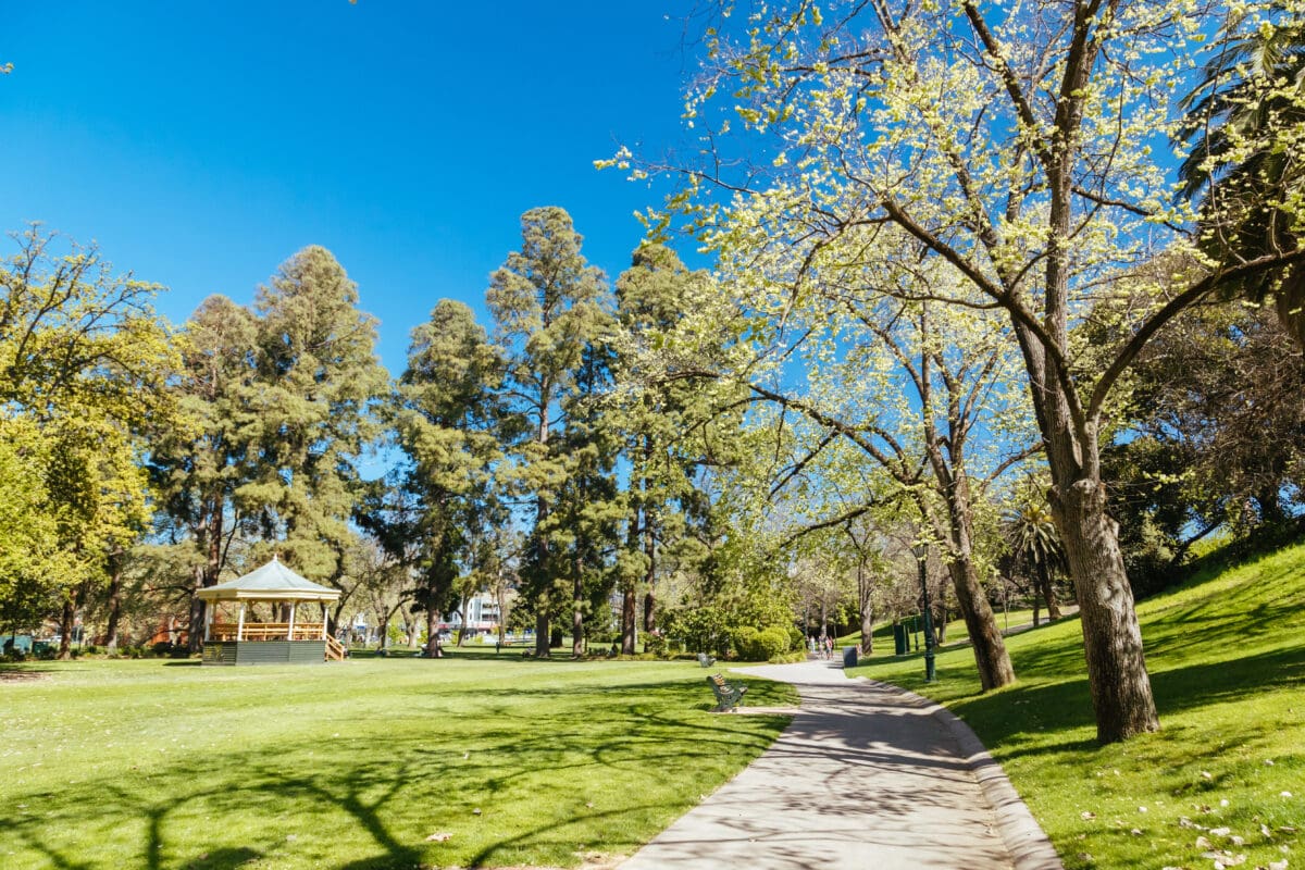 The famous Rosalind Gardens on a warm spring morning in Bendigo, Victoria, Australia