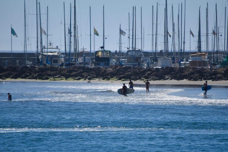 Beach Harbor with surfers in the distance.