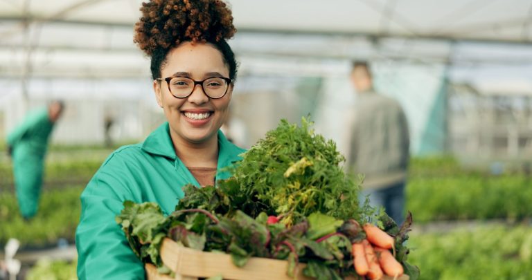 Farmer, woman and vegetables box in greenhouse, agriculture and sustainability with farming portrai.