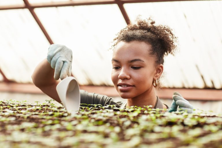 Young woman working with plants.