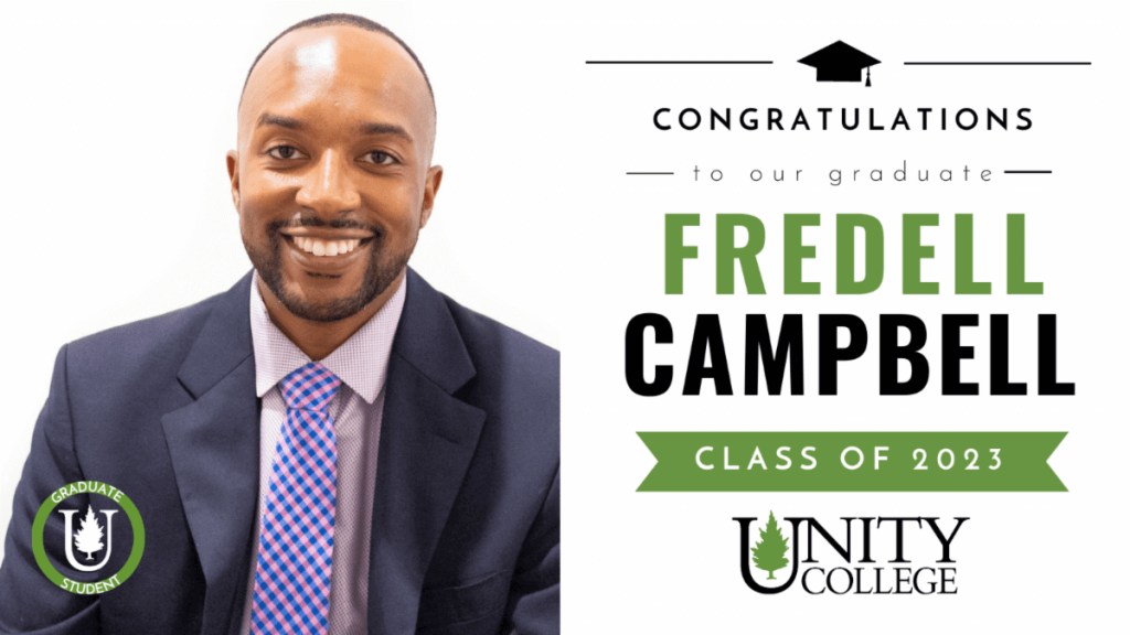 A young person in a grey suit jacket and purple tie smiles at the camera with the text "Congratulations to our graduate Fredell Campbell of 2023."