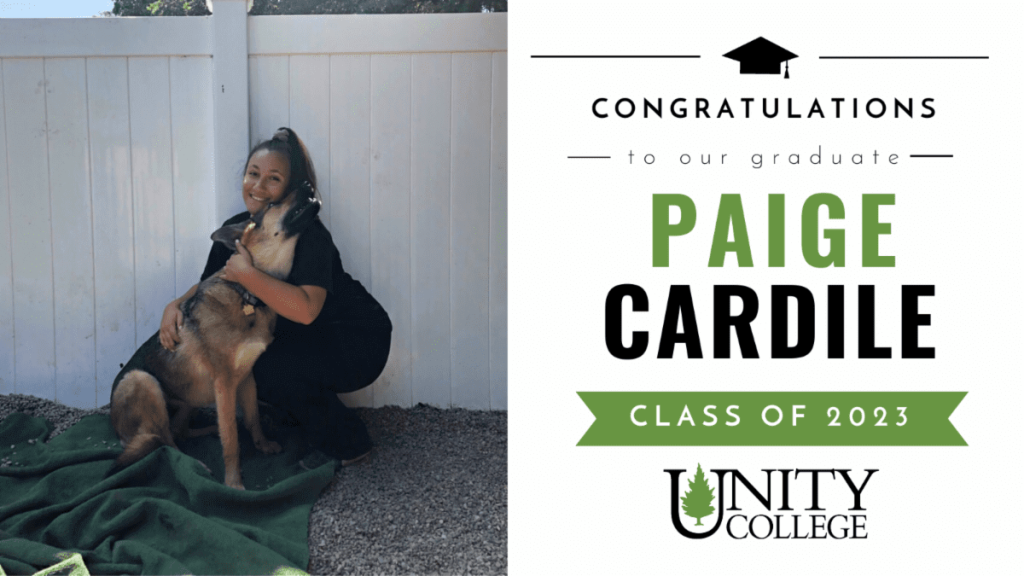 A young person smiles with their dog with the text "Congratulations to our graduate Paige Cardile of 2023."