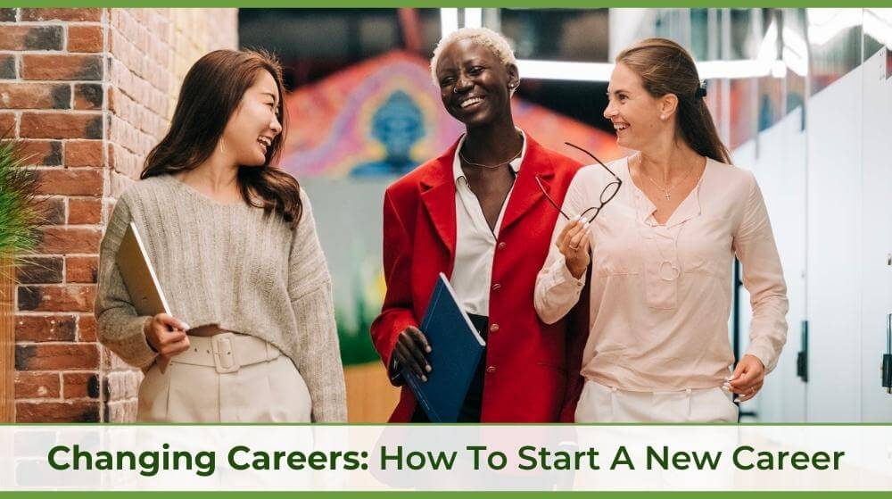 Unity Environmental University's changing careers blog cover with three business people walking and talking