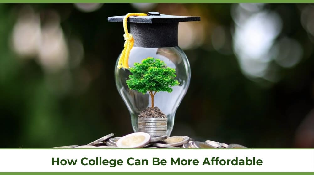 a lightbulb on top of a pile of coins with a grad cap on top and a tree inside of it representing the growing cost of college