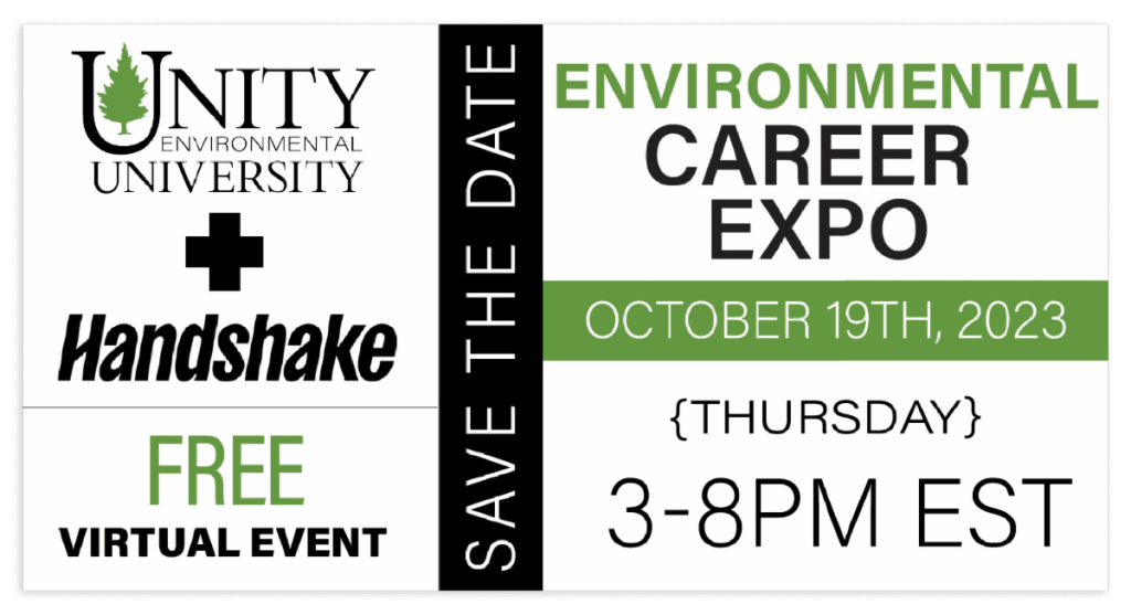 A postcard flyer with the logos for Unity Environmental University and Handshake advertising an upcoming career expo.