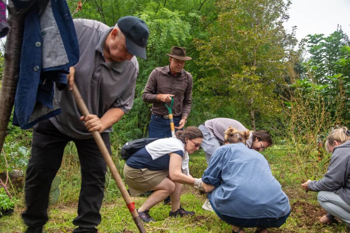 Faculty and volunteers dig holes and work to plant trees in the recent Austin trip.