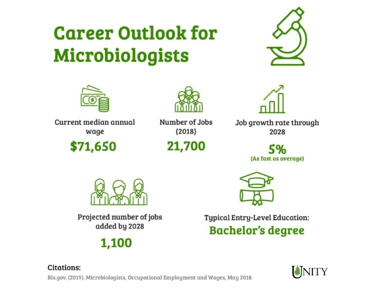 an infographic showing the career outlook for microbiologists in the US
