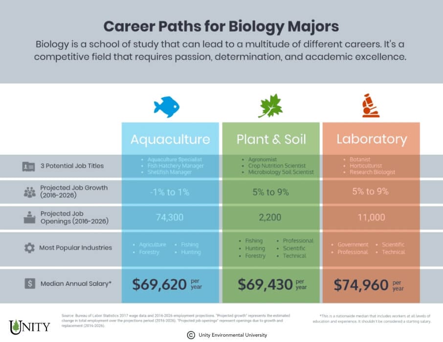 an infographic showing three career paths for biology majors