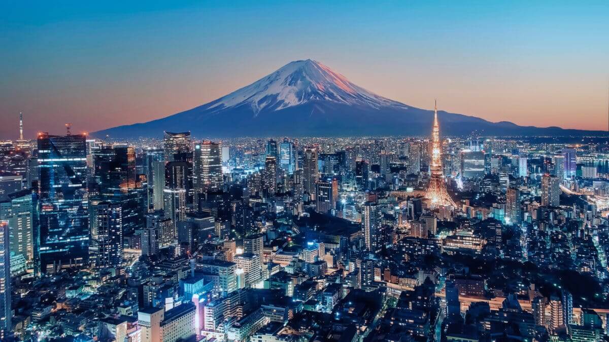 downtown Tokyo, Japan, with a view of Mount Fuji