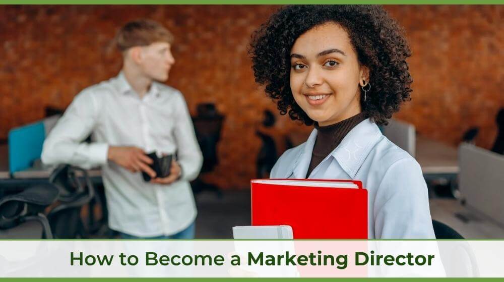 a marketing director in an office with a folder in her hand