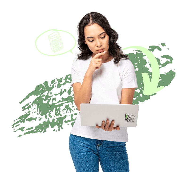 Woman holding and looking at laptop.