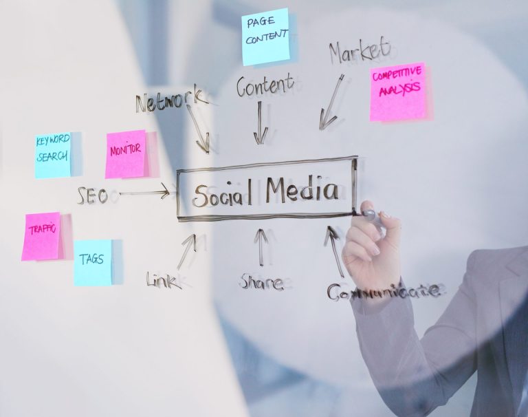 Shot of brainstorming session about social media.