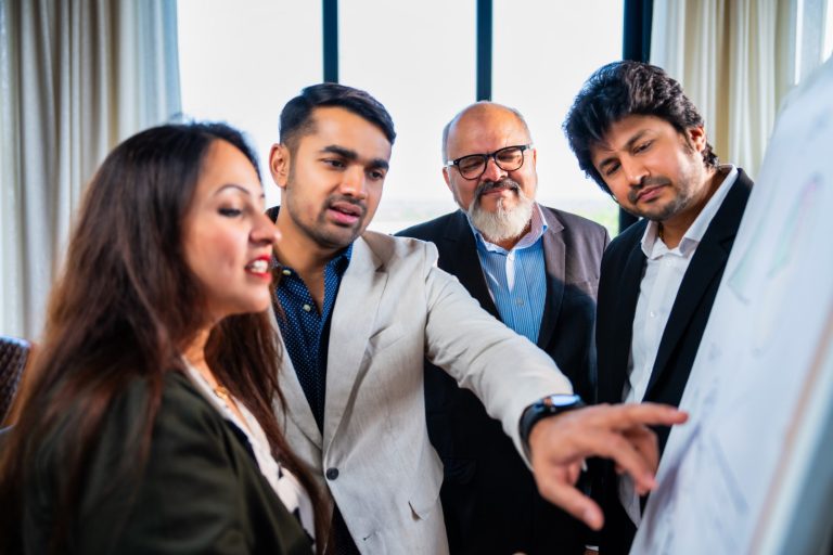 Corporate team discussing strategy.