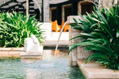 Turquoise water pool exterior in tropics with green vegetation. Sunny day