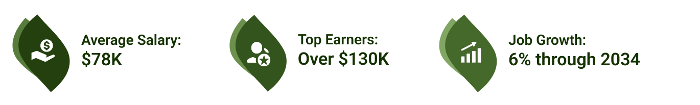 Three leaf images with an icon. The first is a hand with money symbol to represent salary; second is a person with a star to represent a top earner; and third is a bar graph with arrow pointing upward to represent job growth. The text below this image describes the data.